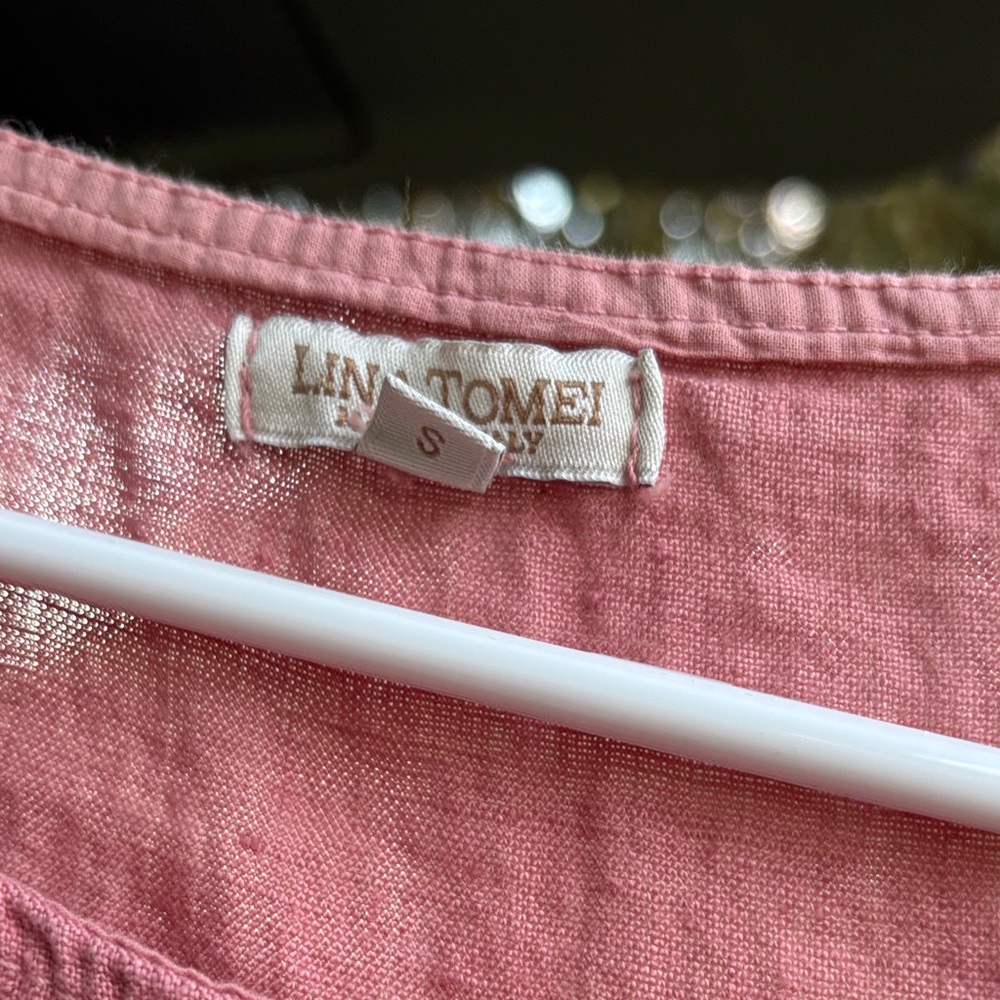 Lina Tomei Linen Top S Pink Rose Embroidered Hem Short Sleeve Boho Resort Cruise - Picture 3 of 4
